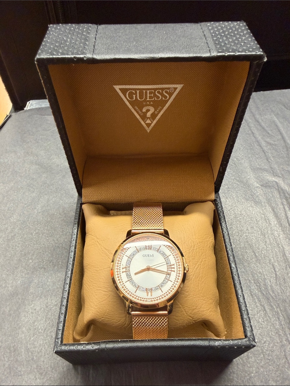 GUESS Rose Gold Mesh Strap Watch Rhinestone Glitter Dial